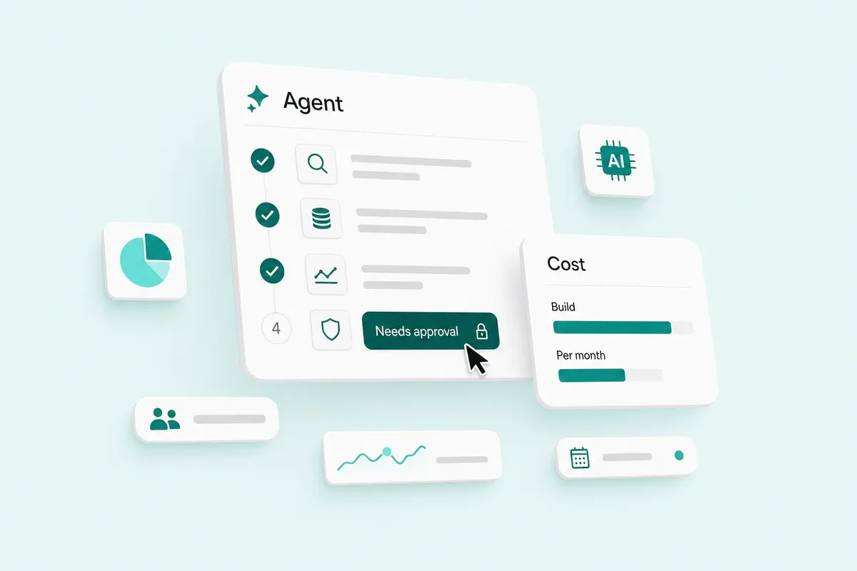 An AI agent panel running through task steps beside a cost summary, on a soft teal background