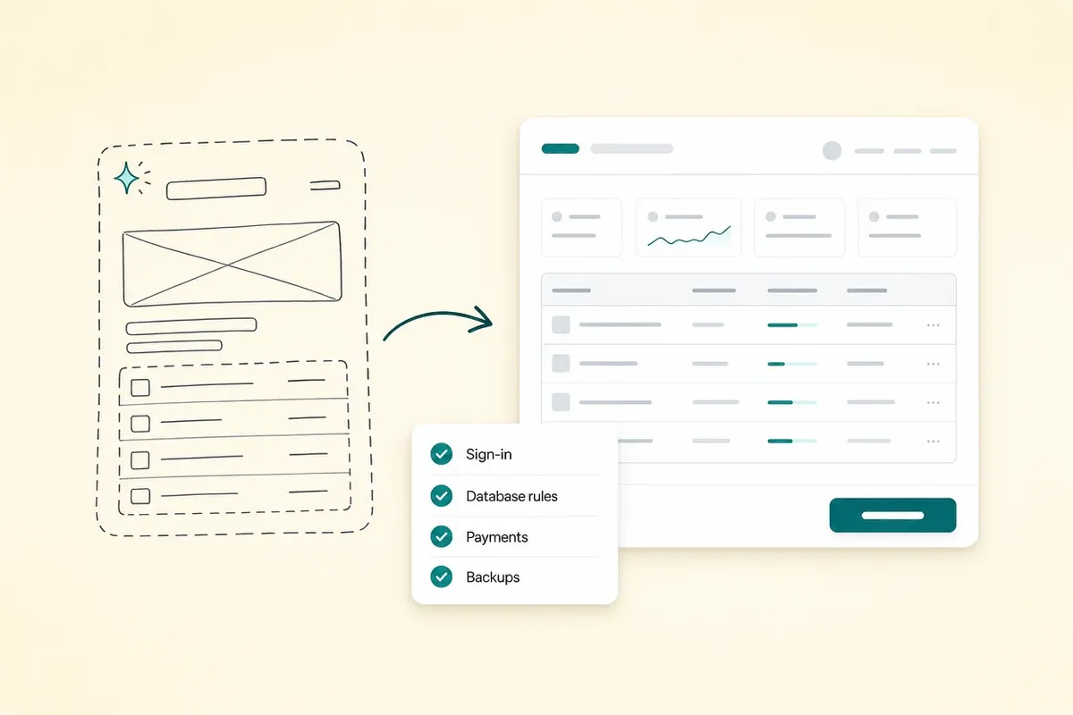 A rough app prototype beside the same screen made production ready, with a short checklist, on a soft background