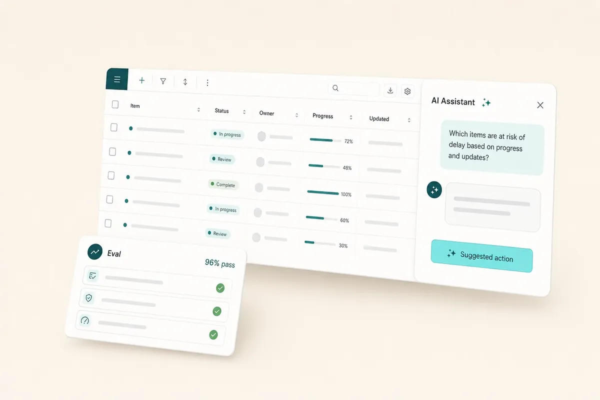 An app table with an AI assistant panel suggesting a next step, on a warm cream background