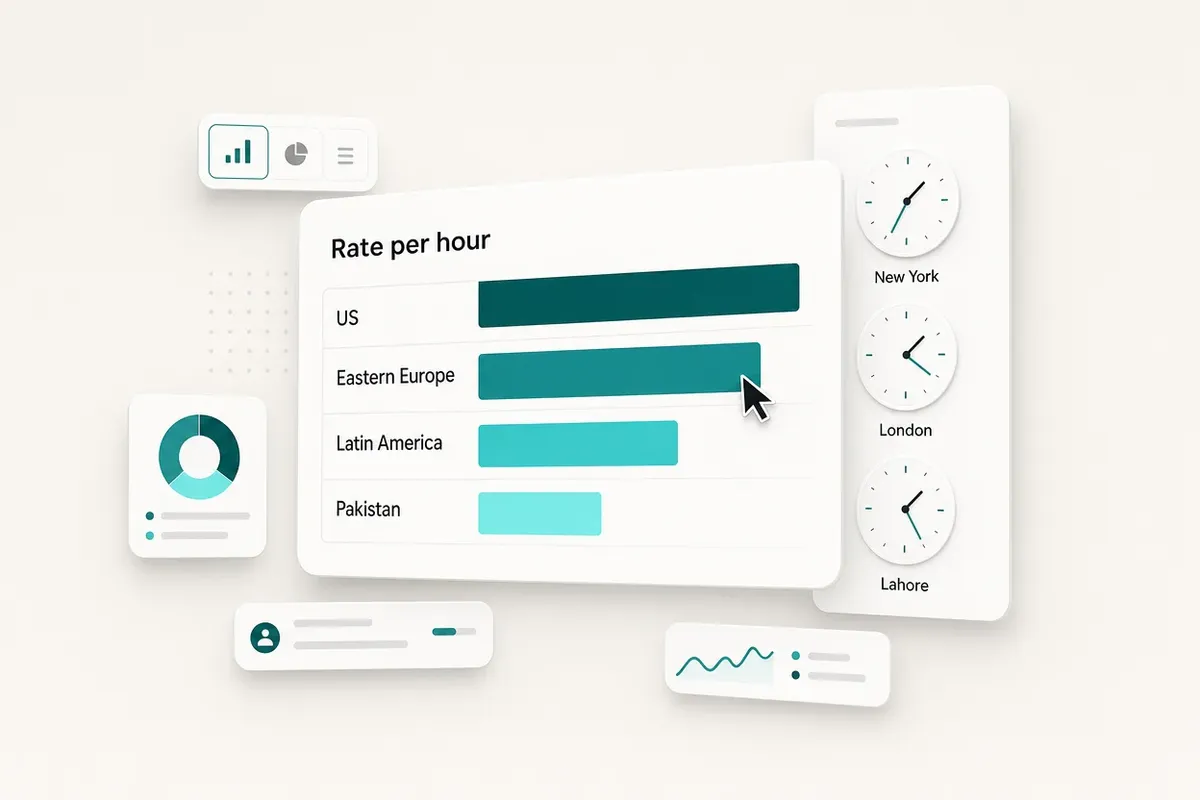 A rate-per-hour bar chart for the US, Eastern Europe, Latin America and Pakistan beside clocks for New York, London and Lahore, on a soft stone background