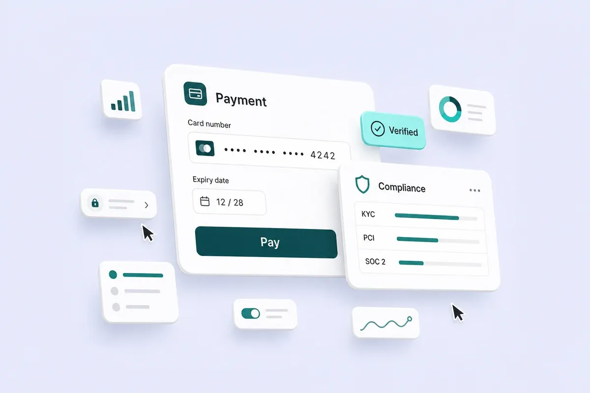 A payment card form beside a compliance card with KYC, PCI and SOC 2 rows, on a soft periwinkle background