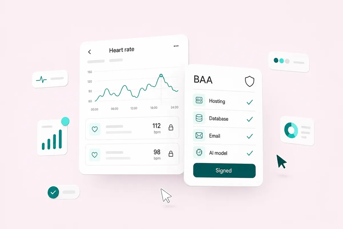 A heart-rate app screen beside a BAA checklist with Hosting, Database, Email and AI model checked, on a soft blush background
