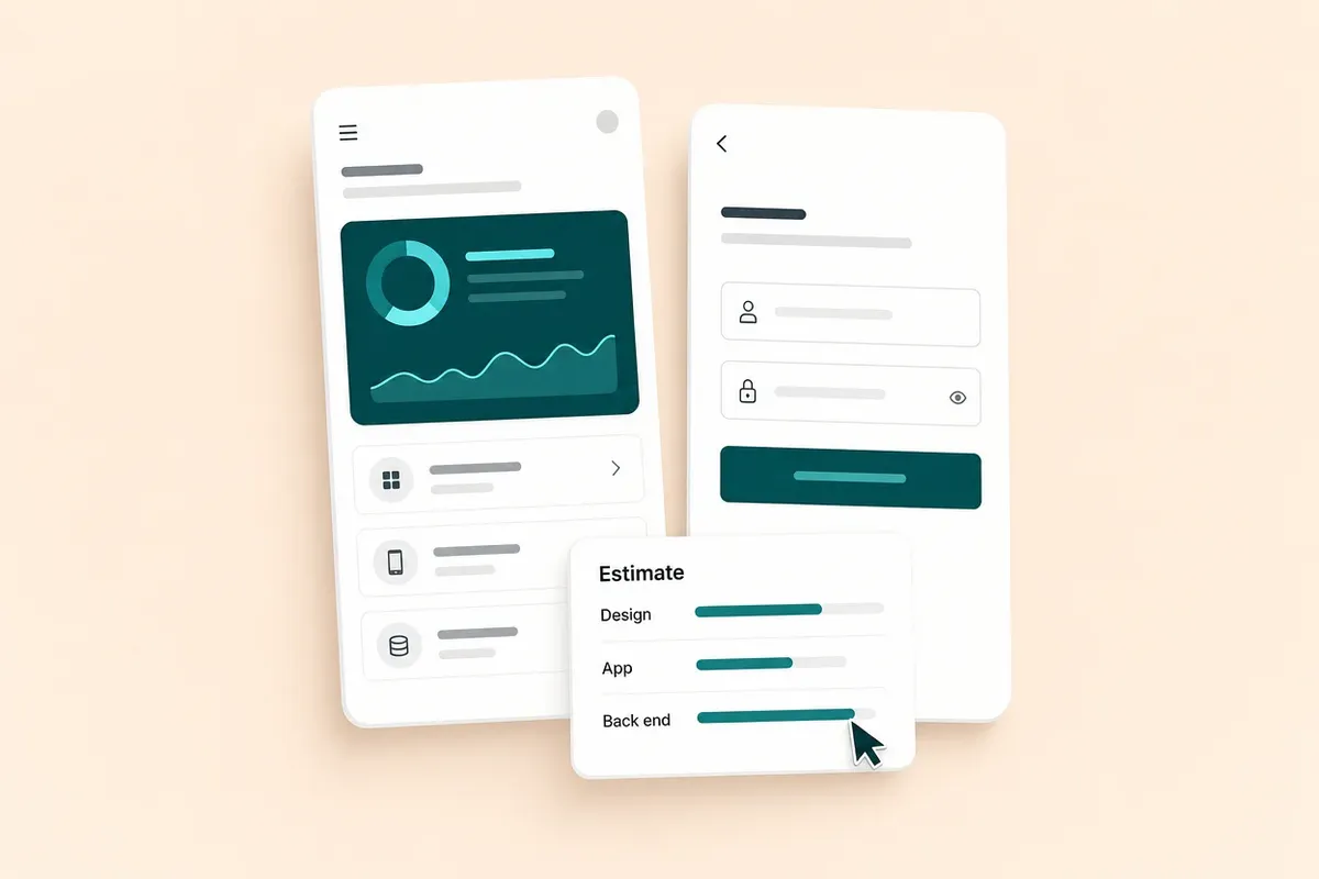 Two phone screens with an app cost estimate card beside them, on a soft background