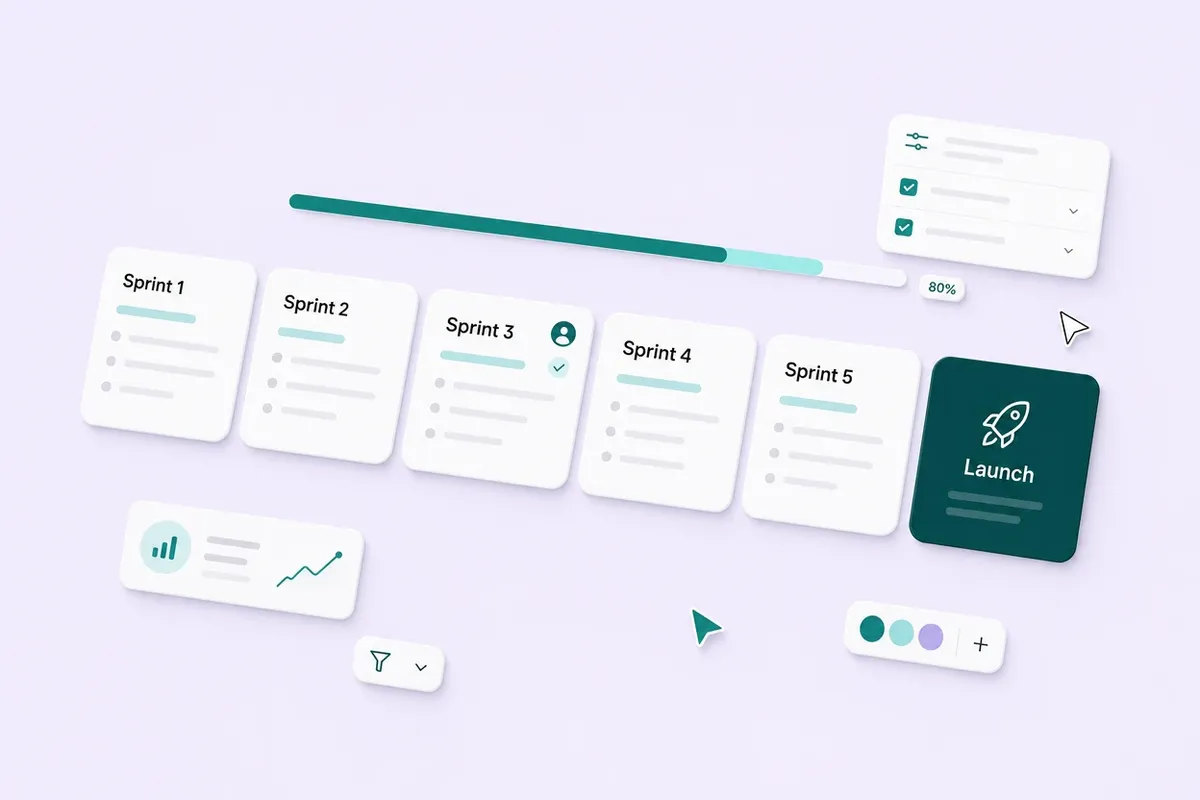 A sprint board with five sprint cards leading to a Launch card, on a soft lavender background