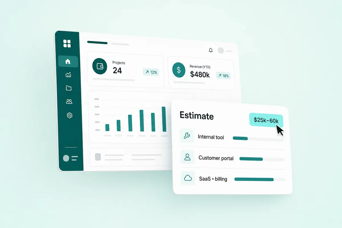 A web app dashboard with project figures and an estimate card on a soft teal background